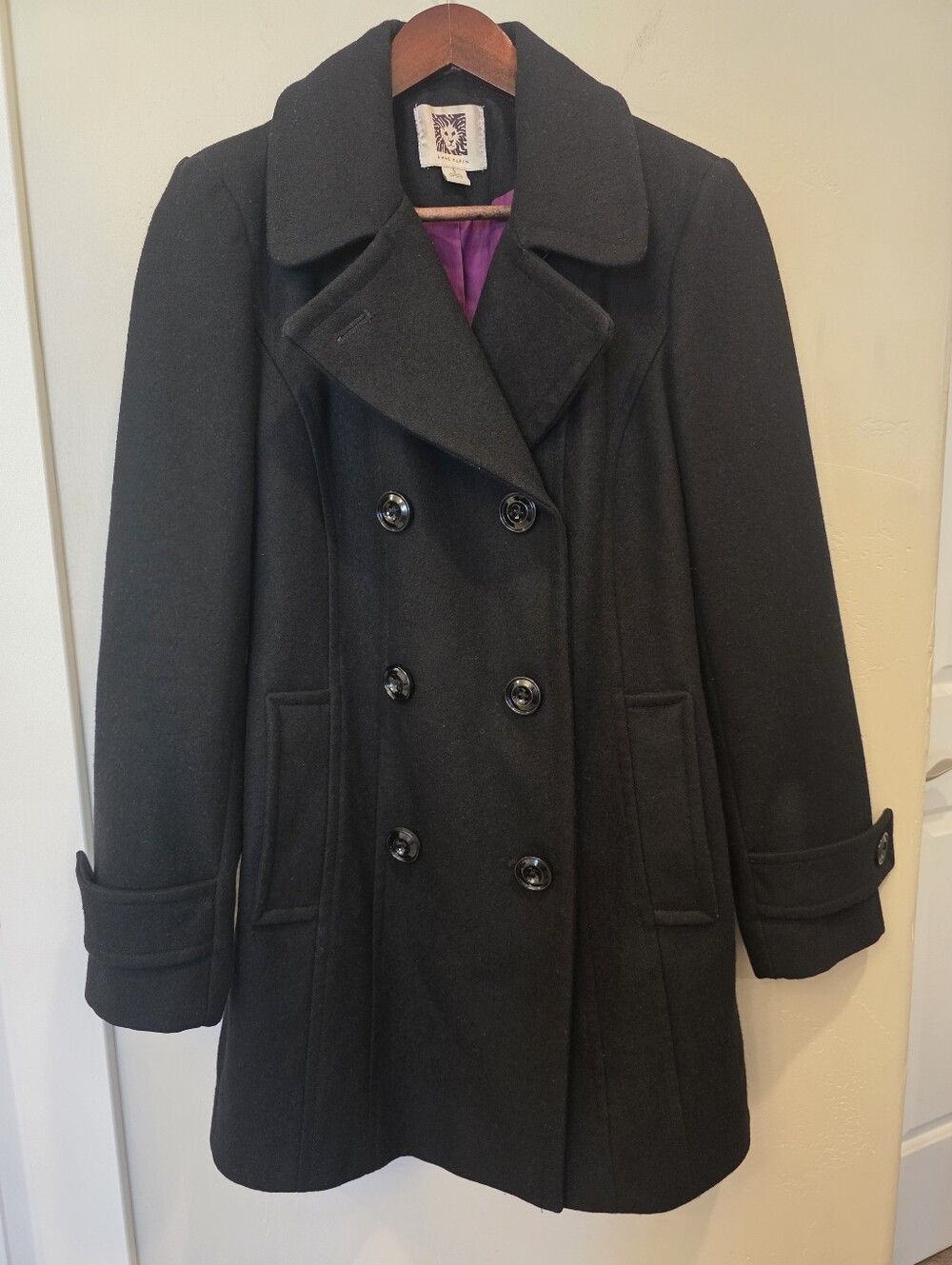 Anne Klein Black Double-Breasted Pea Coat Size S